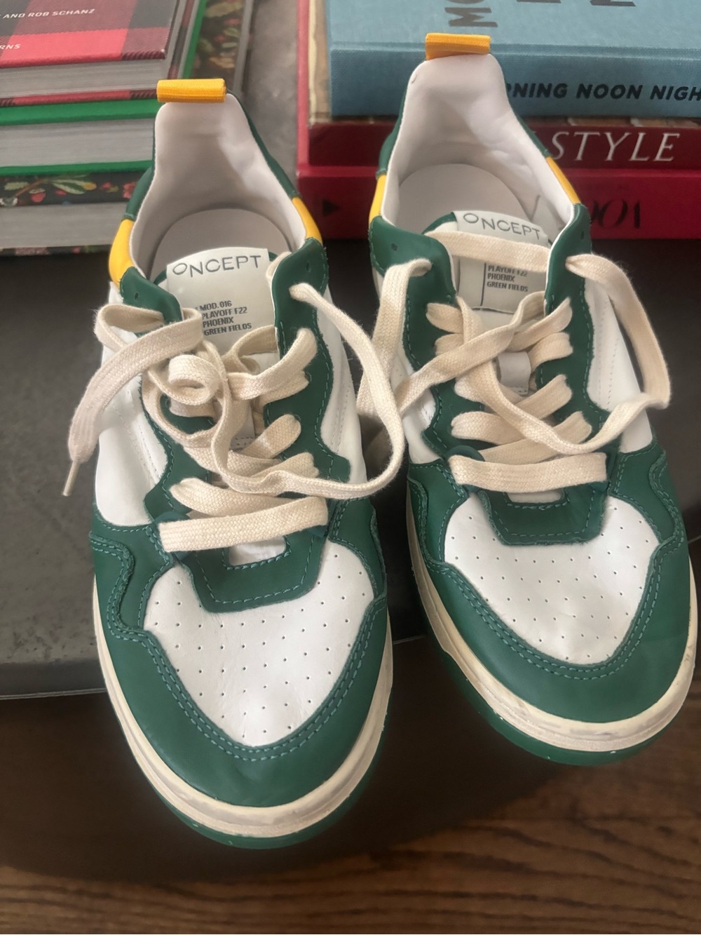 ONCEPT Women’s Green & White Lace-Up Sneakers with Yellow Heel Tab